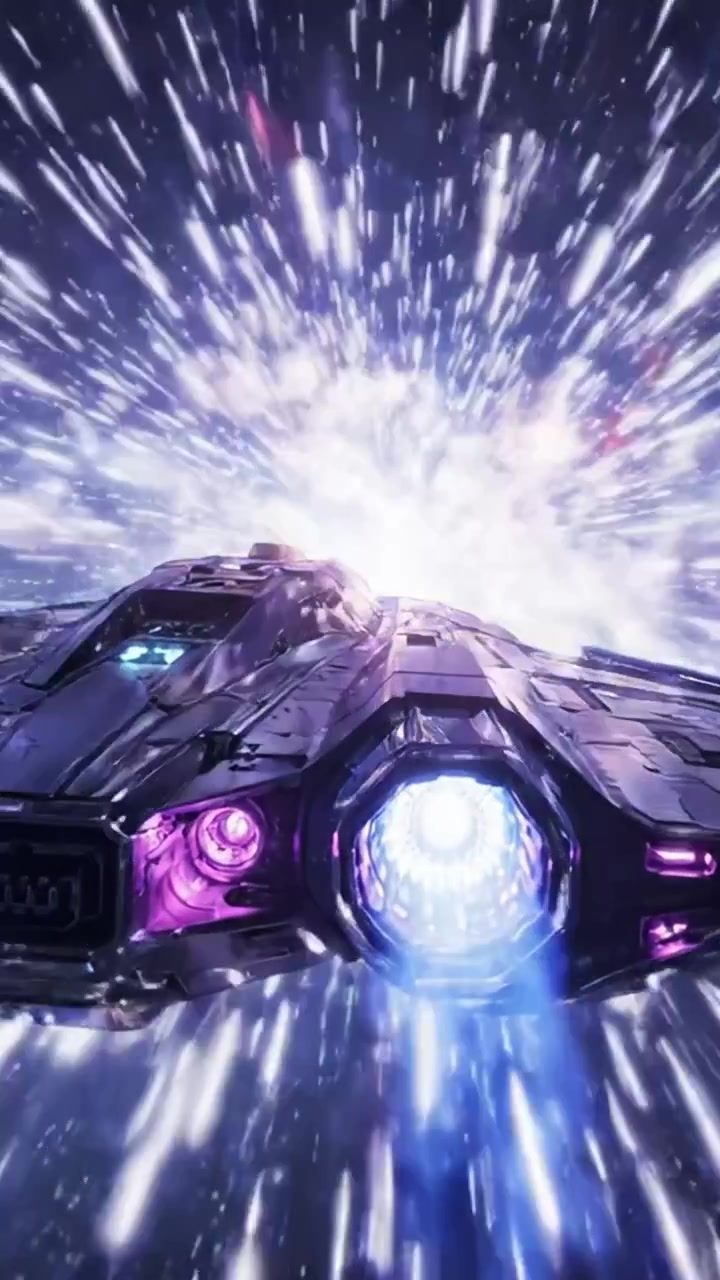Un'astronave mozzafiato accelera attraverso l'iperspazio in uno sfavillante spettacolo di luce e colore, mettendo in mostra un design futuristico ed effetti di viaggio dimensionale.