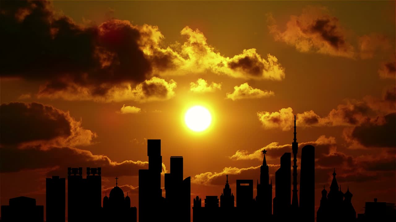 모스크바의 해가 지는 곳: 4k 루프, 도시의 건물의 윤