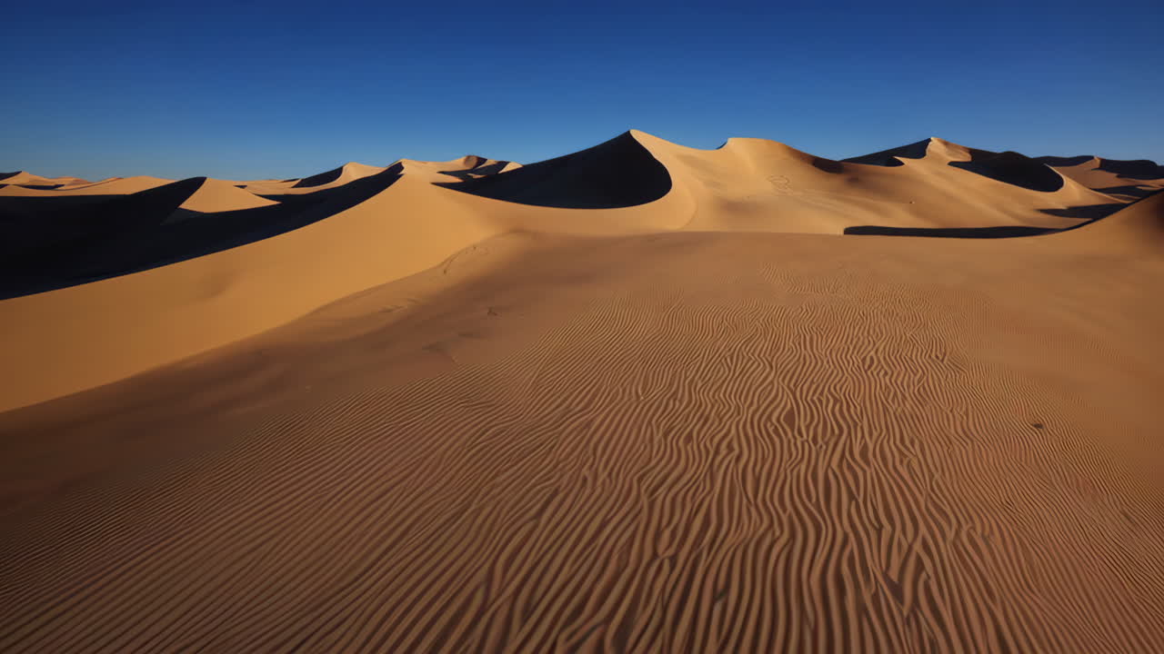 Vast desert landscape with sculpted sand dunes under a clear blue sky