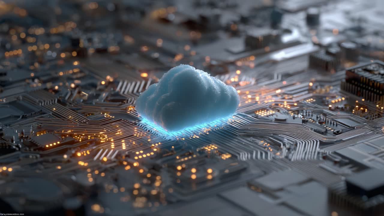 A Surreal Representation of Cloud Computing: A Luminescent Cloud Floating Above a Detailed Circuit Board, Highlighting the Intersection of Technology and Imaginary Elements