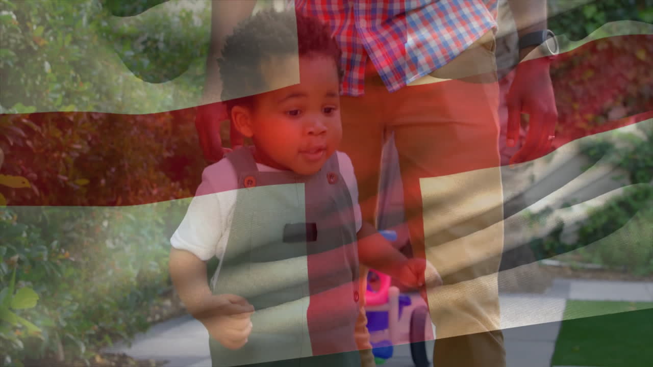 Animation of child walking with adult, colorful flag pattern overlay in school