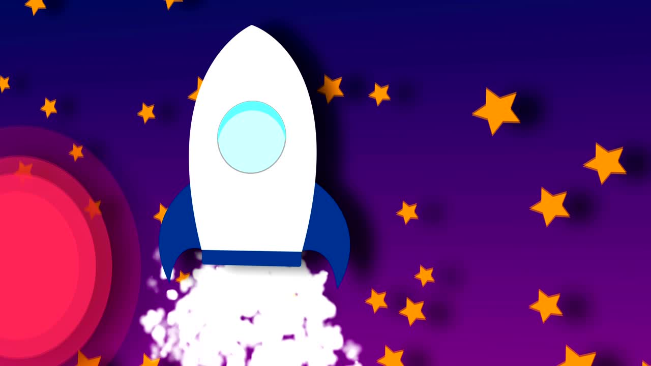 Animation of flying cartoon rocket with view from cosmos. Seamless loop