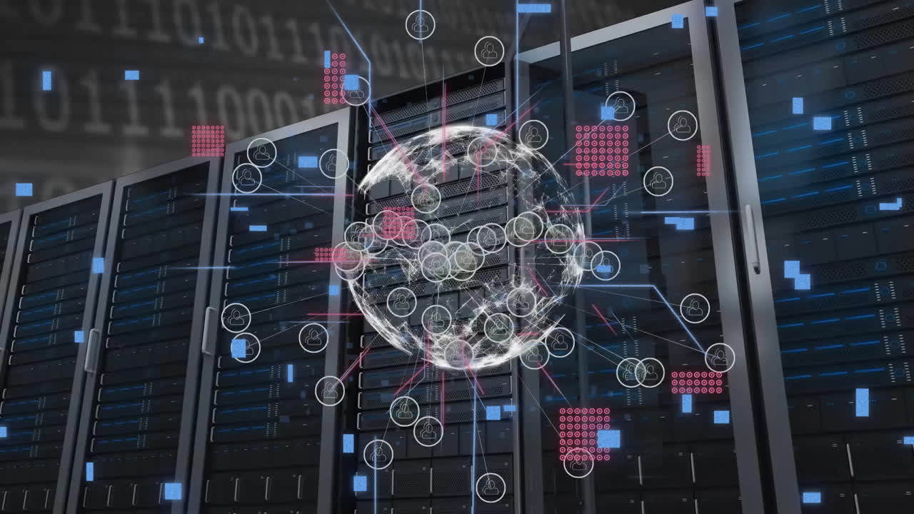 Animation of globe with connections and data processing over computer servers