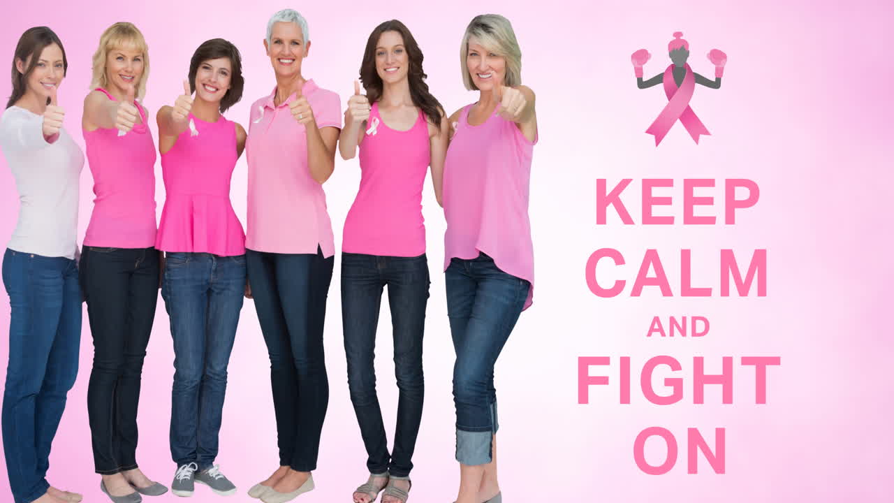 분홍색 리본 로고와 유방암 텍스트의 애니메이션이 다양한 여성 그룹 위에 있습니다.