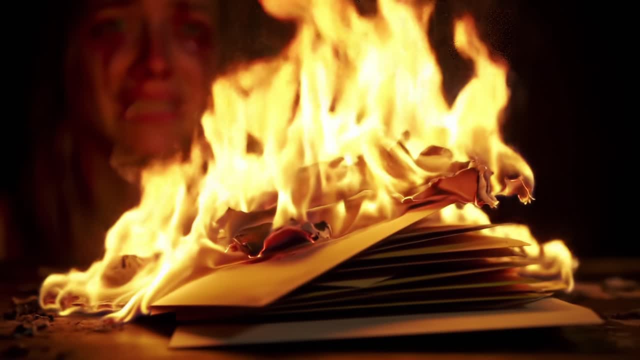 A Heartbreaking Scene of Flames Consuming Personal Letters: The Emotional Turmoil of Loss and Suffering Captured in a Powerful Moment