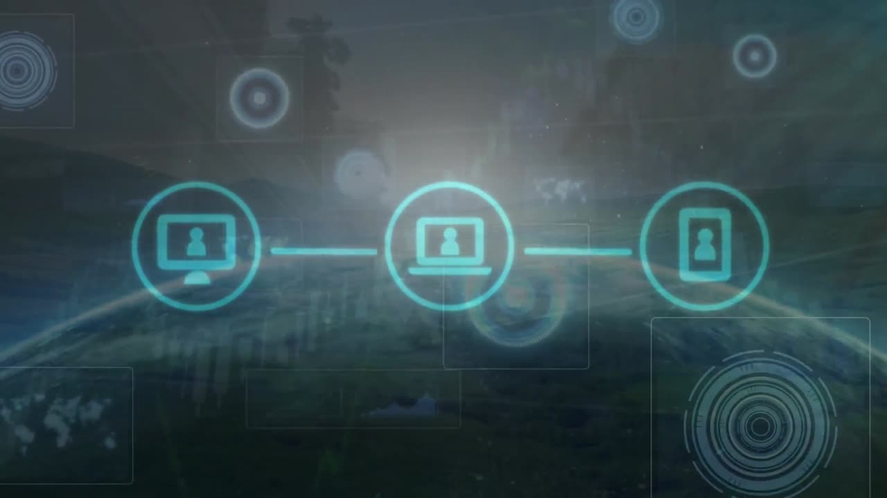 Animation of connected icons, globe, circles, graphs over time-lapse of people walking on street