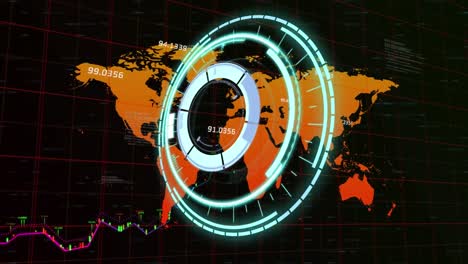 Neon-round-scanner-over-multiple-changing-numbers-floating-over-world-map-against-black-background