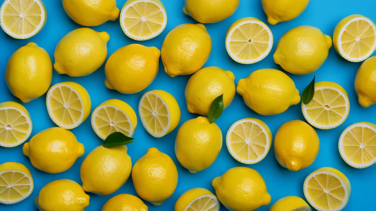 Bright yellow lemons, whole and sliced, on a vibrant blue background