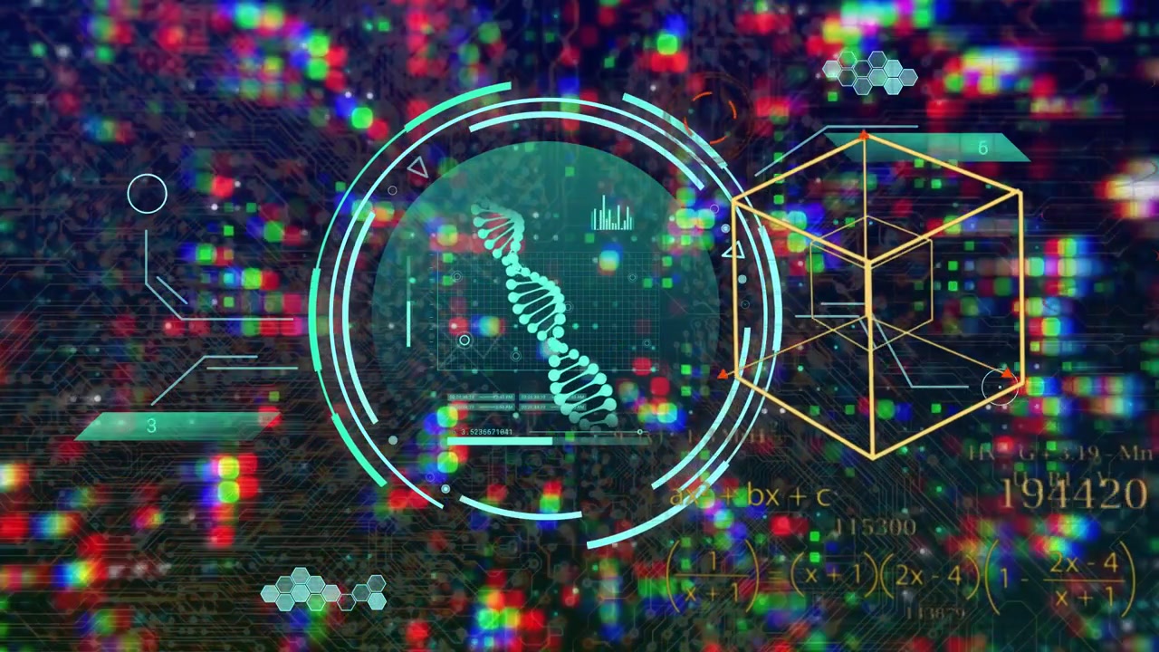 RGB flicker sparking holo circle glowing helix forming, charts updating, cube emerging for bio data