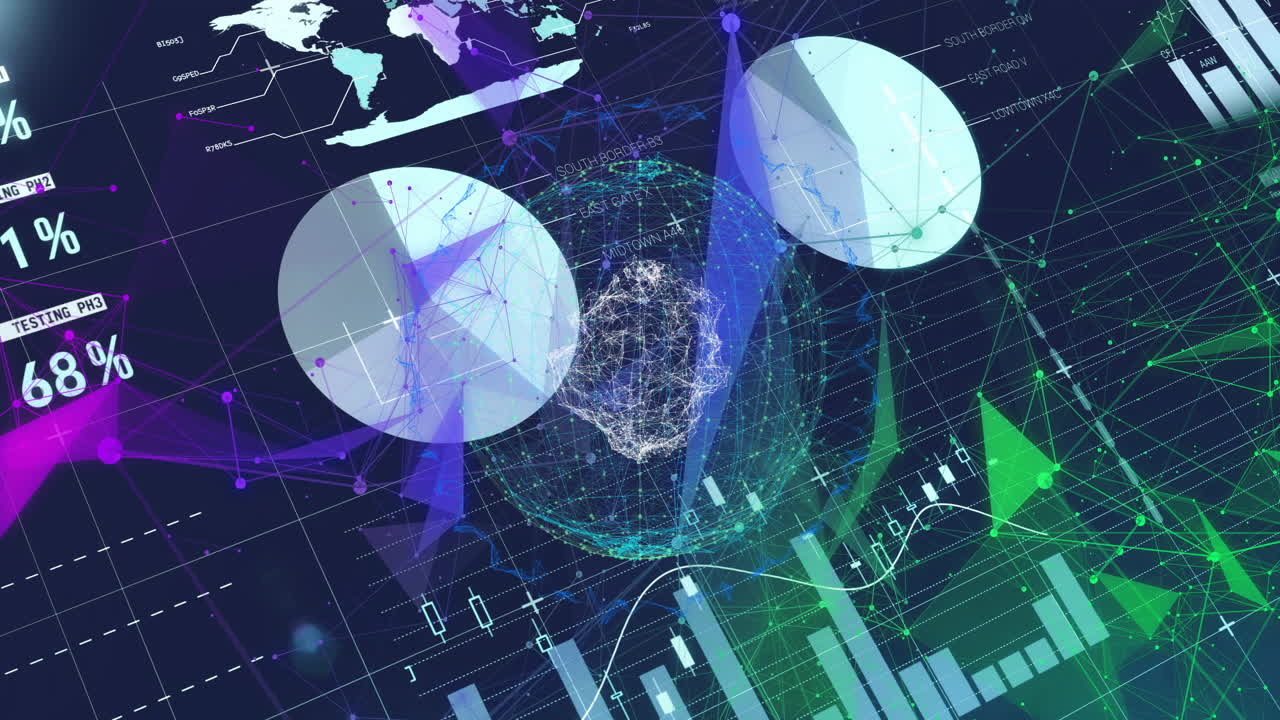 3D wireframe globe being visualized in data dashboard, with pie charts and data visuals