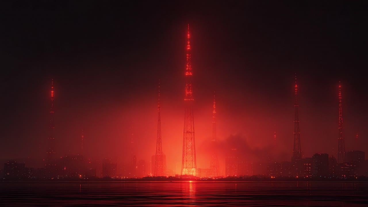 Apocalyptic cityscape with industrial towers and buildings shrouded in a thick red fog at night, reflecting a menacing crimson glow onto the dark water surface creating a sinister atmosphere