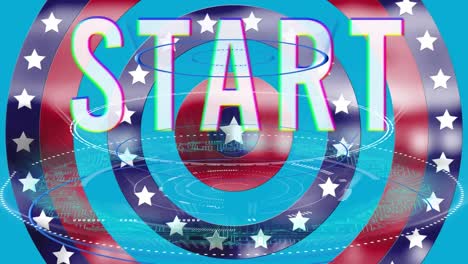 inicio de texto y escáneres redondos contra estrellas en círculos giratorios sobre fondo azul
