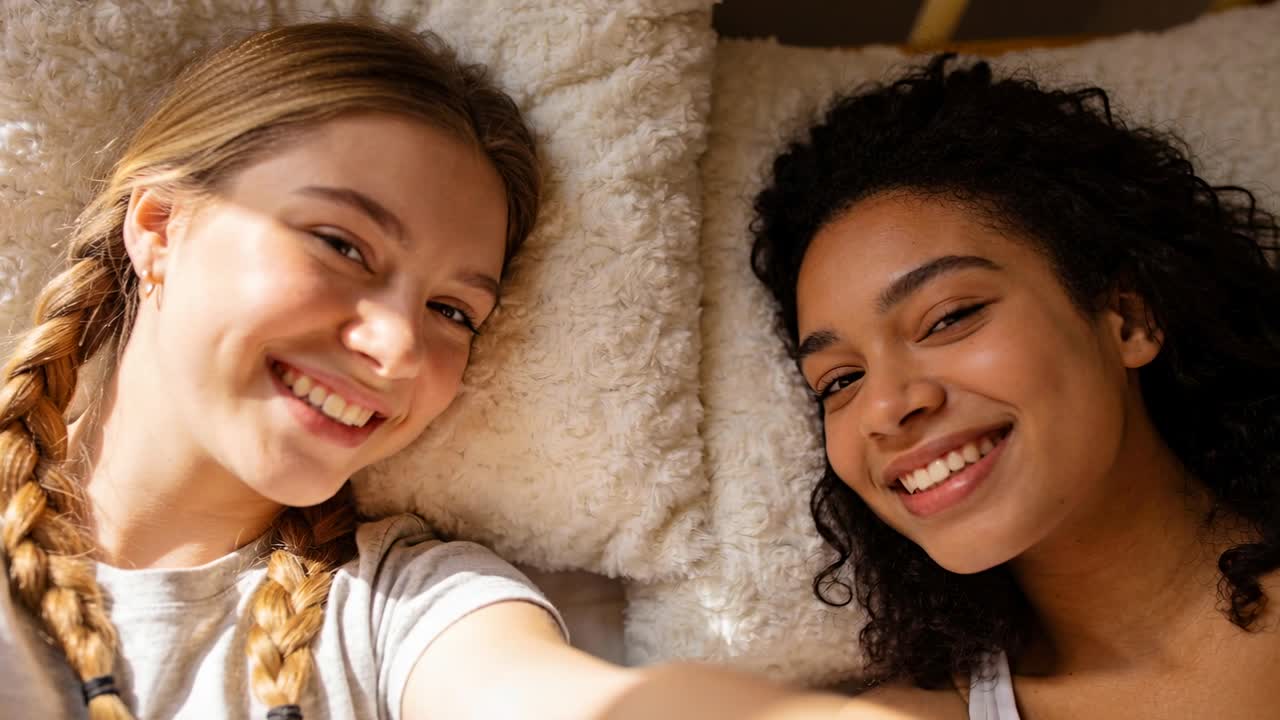 Raising left arm, two teens on bed capturing selfie, smiling, holding phone, wearing light tops