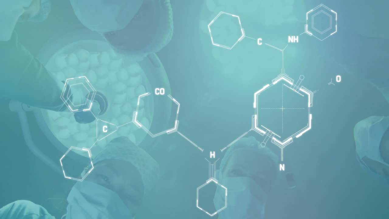 Animation of chemical formula over diverse surgeons in operating theatre