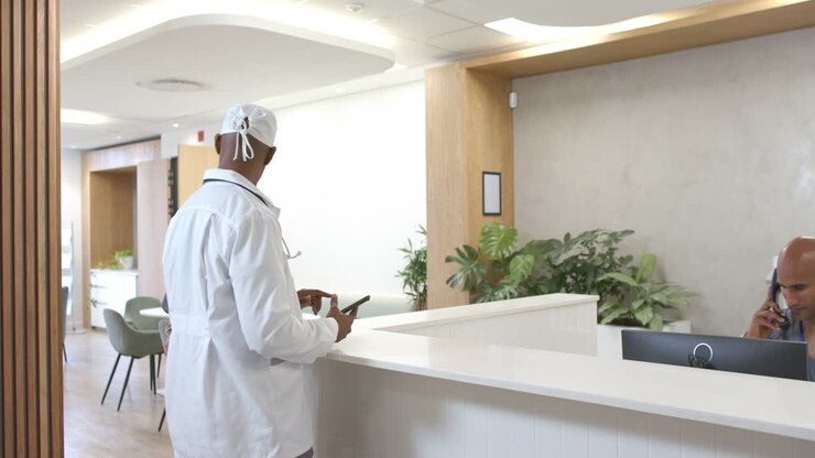 Clinico afroamericano si dirige verso la reception della clinica con uno stetoscopio, tenendo un tablet ed esaminando la cartella clinica