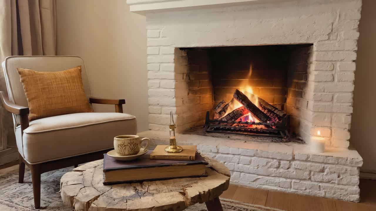 Cozy Fireplace Reading Nook with Coffee and Books