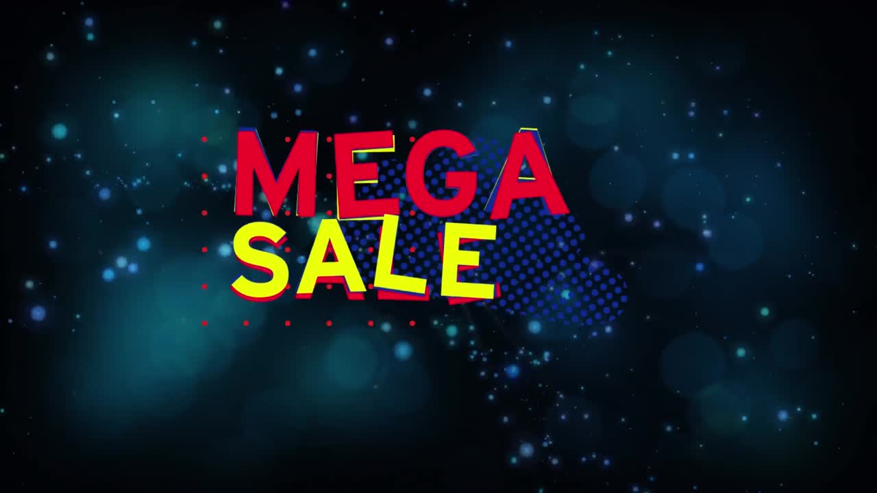 animación de un cartel de texto de mega venta sobre manchas azules brillantes de luz contra un fondo negro