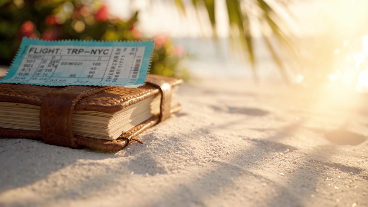Ricordi di viaggio: una carta d'imbarco e un taccuino che riposano su una spiaggia sabbiosa, evocando l'emozione del prossimo viaggio a New York City