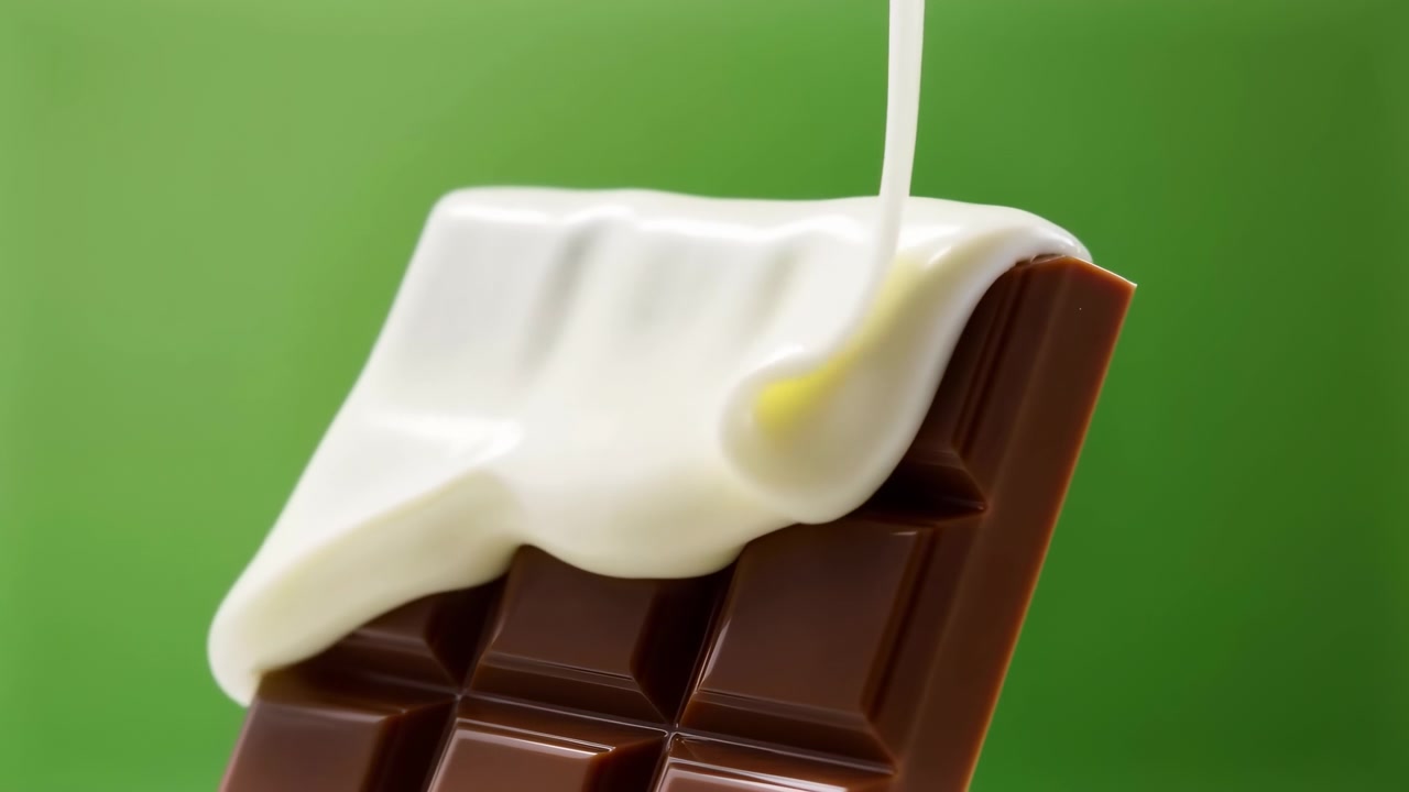 濃厚な白い液体が途切れることなくダークチョコレートの上部に注がれ、滑らかなハイライトと柔らかな影が質感を際立たせながら、セグメント状の表面を徐々に覆っていく。