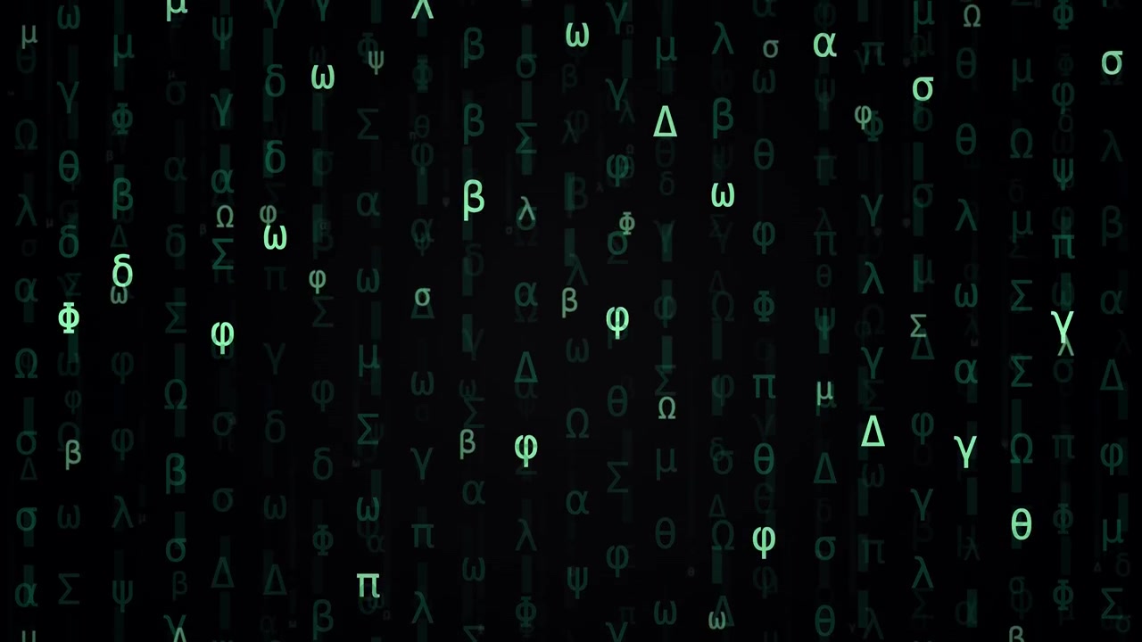Digital Matrix Code with Falling Green Greek Letters