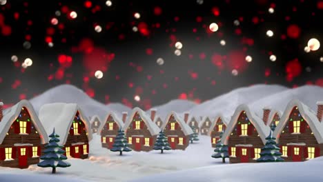 Animation-of-stars-falling-colorful-lights-over-houses-with-fairy-lights