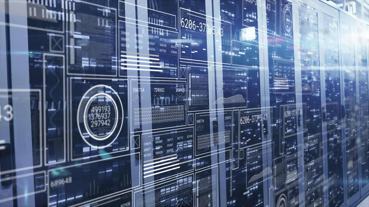 Camera panning across servers, overlays animating live metrics and enabling system monitoring