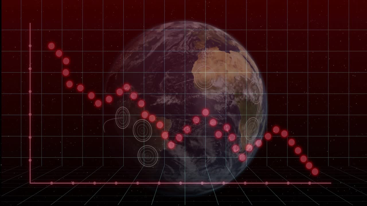 Visualizzazione di dati terrestri animata nella scena, con assi a griglia rossi, indicatori di dati e anelli bersaglio