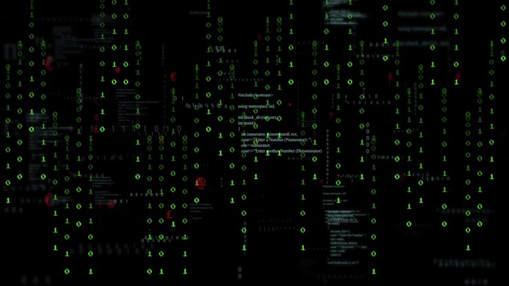 Klatki przewijające się, strumienie binarne zagęszczające się i podświetlające panele kodu w interfejsie technologicznym dla przepływu danych.