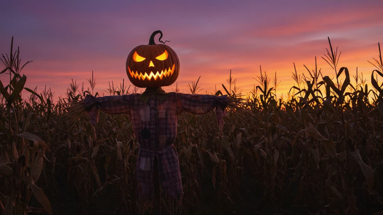 Eerie Halloween Scarecrow with Glowing Pumpkin Head in a Twilight Cornfield Surrounded by Lush Stalks Beneath a Colorful Sky at Dusk