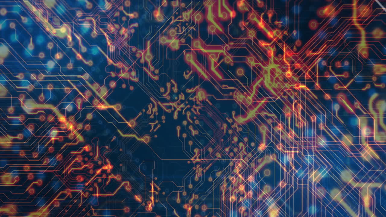 animación de datos brillantes que se transfieren a través de la red de la placa base