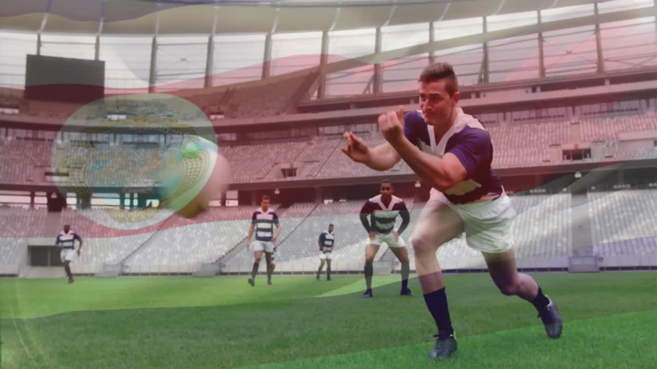 animación de la bandera de costa rica sobre un jugador de rugby caucásico recogiendo y lanzando la pelota en el campo