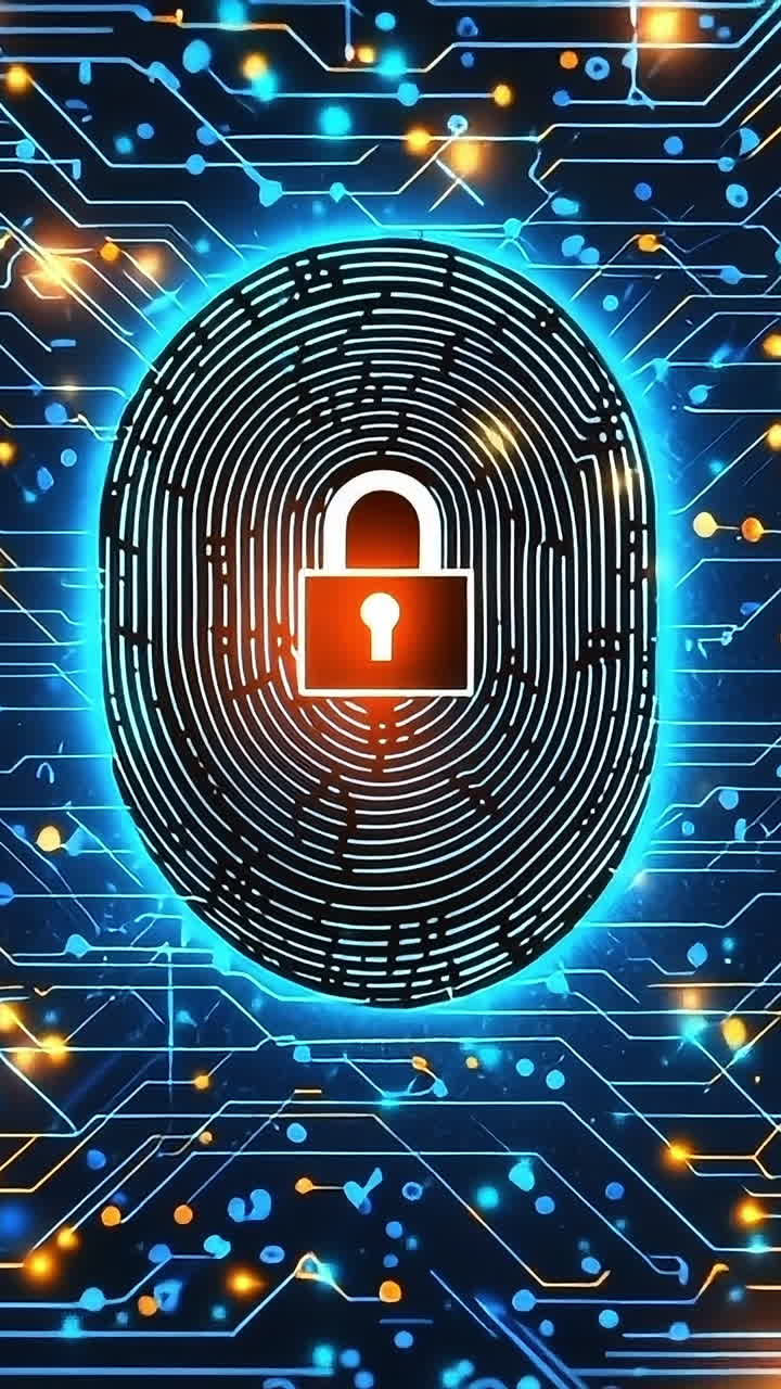 Secure digital fingerprint tech. A vibrant digital fingerprint and padlock symbol are at the center, surrounded by colorful circuitry.
