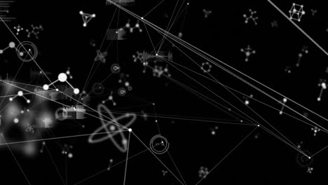 Animation-of-molecules-over-network-of-connections-with-data-processing-on-black-background