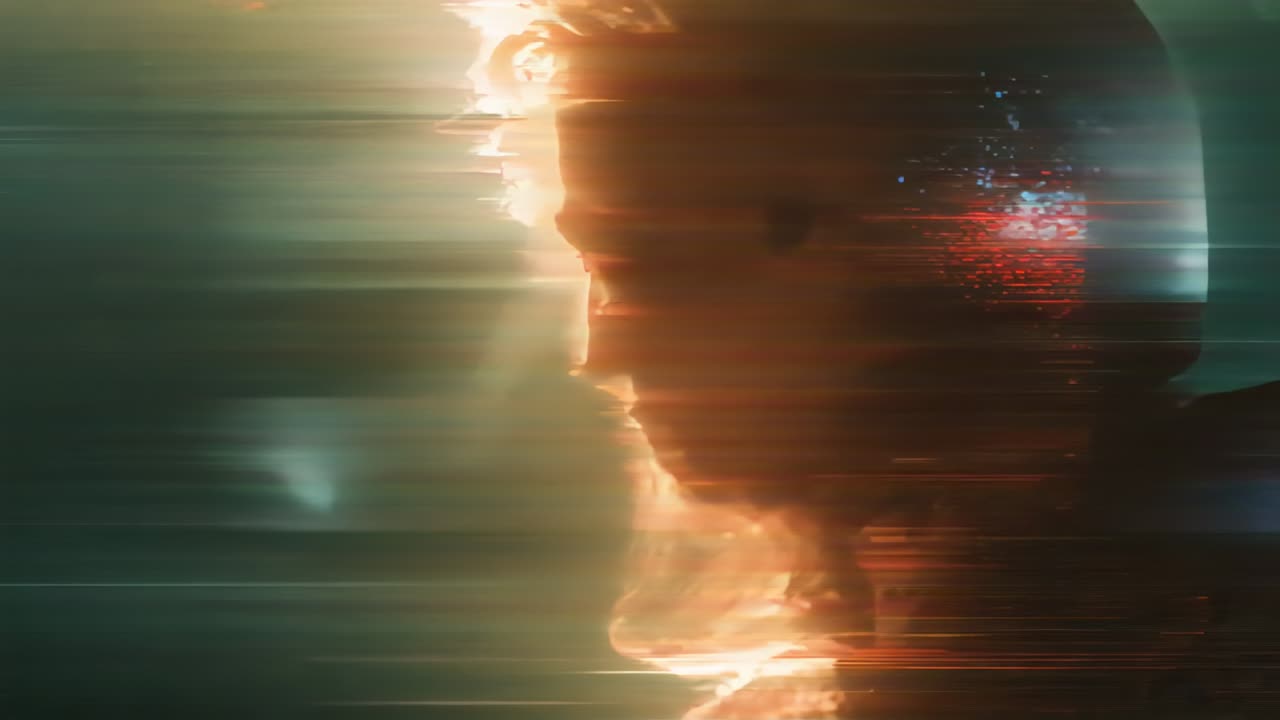 Slicing adult male profile against green background upon glitch onset, fragmenting silhouette