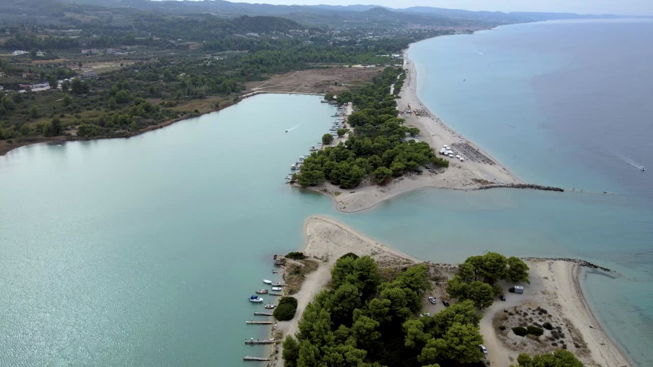 Upwards moving 4K drone clip over a peninsula in Paliouri, Chalkidiki in North Greece