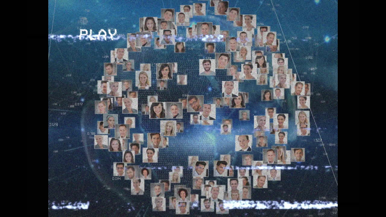 Animation of play digital interface, people's photos with network of connections over globe