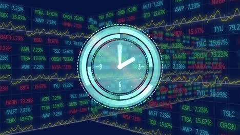 Animation-of-neon-ticking-clock-over-stock-market-data-processing-against-blue-background
