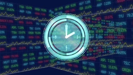 animation of neon ticking clock over stock market data processing against blue background