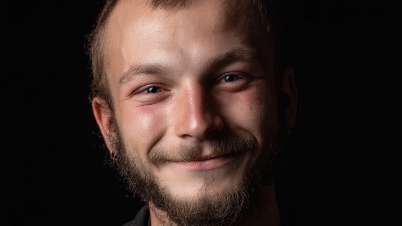 Una serie che mostra l'autentica gioia e il calore di un uomo barbuto, enfatizzando la bellezza dei momenti spontanei catturati attraverso sorrisi semplici ma espressivi