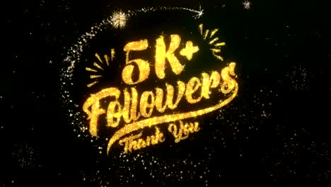 5k followers greeting and wishes card made from glitter particles and sparklers light dark night sky with colorful firework 4k background.