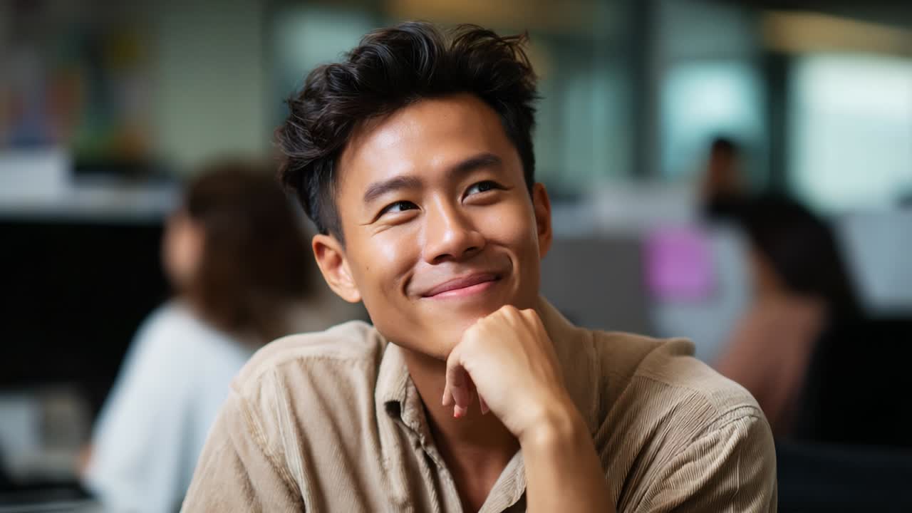 A Positive and Engaging Young Man Smiling Thoughtfully While Sitting in a Modern Office Environment with Colleagues in the Background, Exhibiting Confidence and Contentment in His Workplace Setting