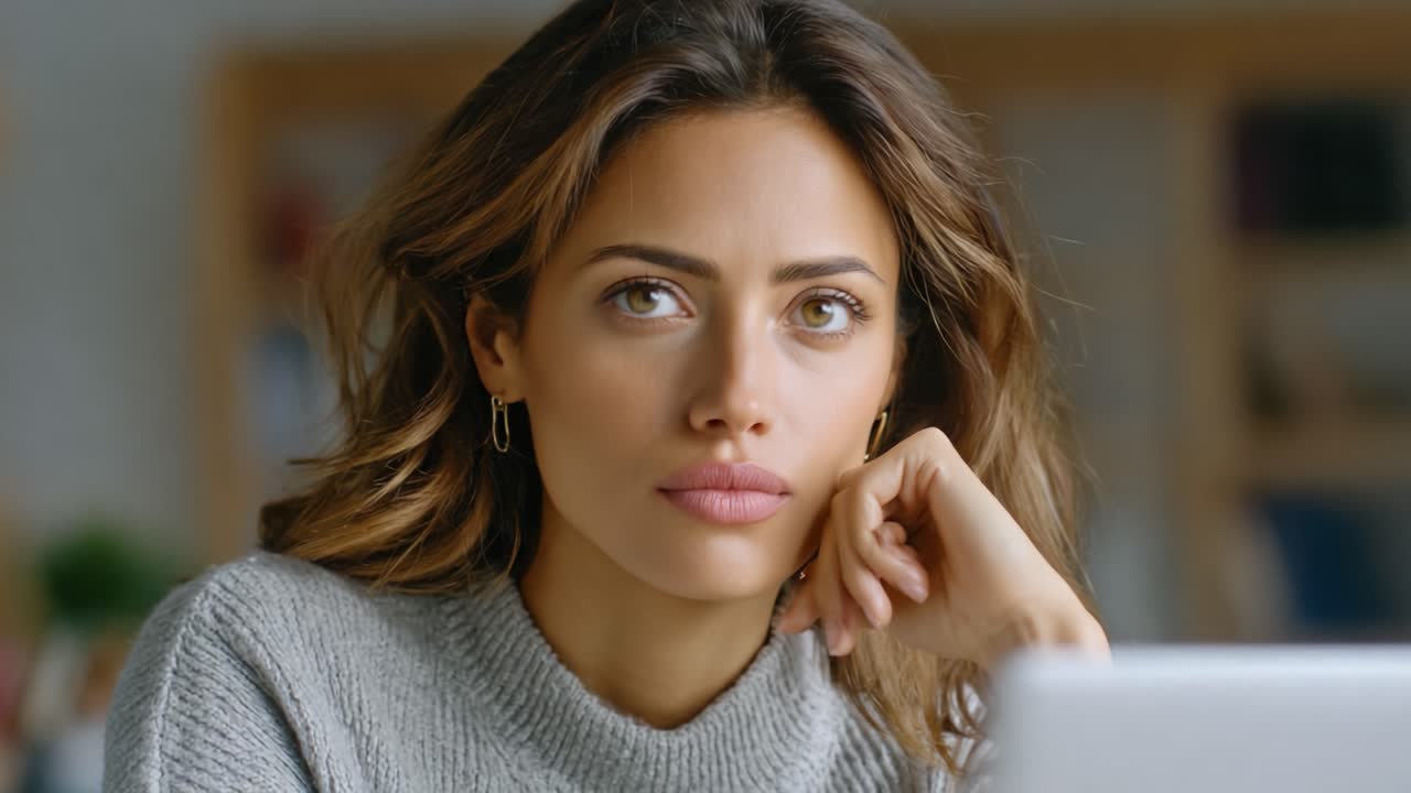 A Thoughtful Woman in a Cozy Setting: Capturing the Emotion and Contemplation in Her Eyes as She Ponders Life's Challenges and Opportunities in a Warm Environment