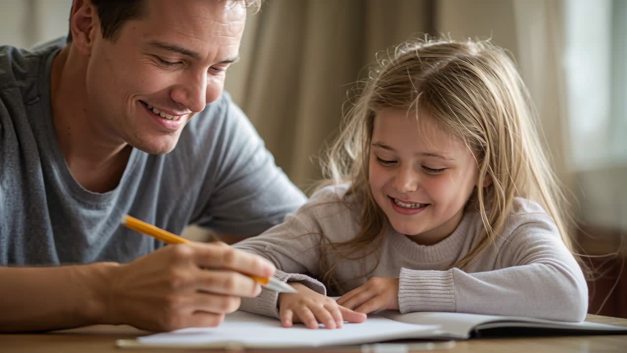 Leaning in smiling father guiding daughter's hand on paper at home, helping draw with yellow pencil