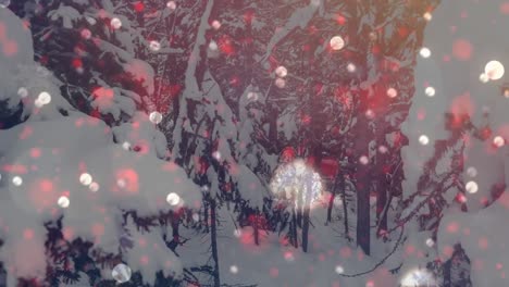 animation of christmas flickering lights over winter scenery with fir trees