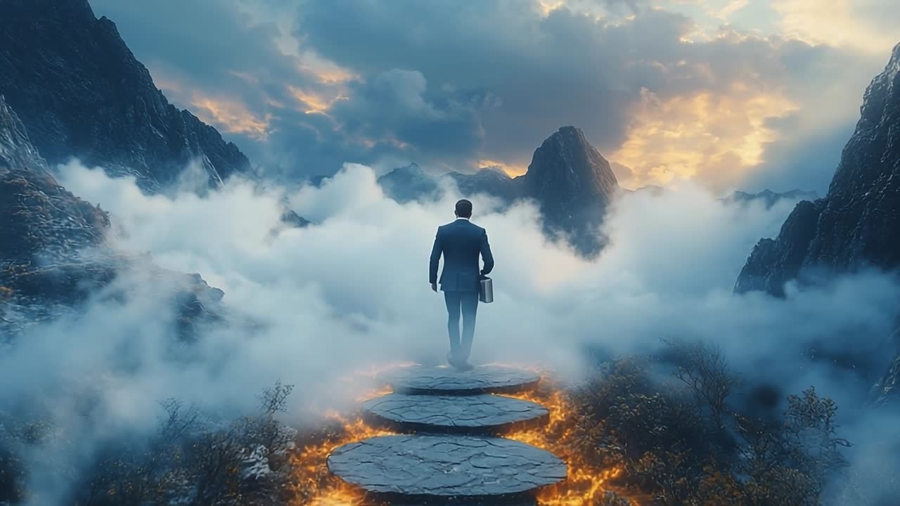 Businessman in a magical land. A businessman traverses a rocky path surrounded by mountains and mist during a vibrant sunset, exuding determination.