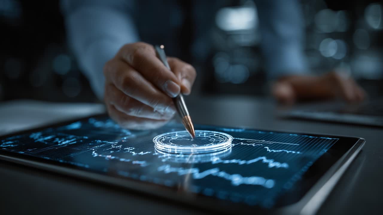Innovative Data Visualization: A Professional Analyzing Financial Trends and Cryptocurrency Metrics on a High-Tech Tablet with Dynamic Graphs and Charts