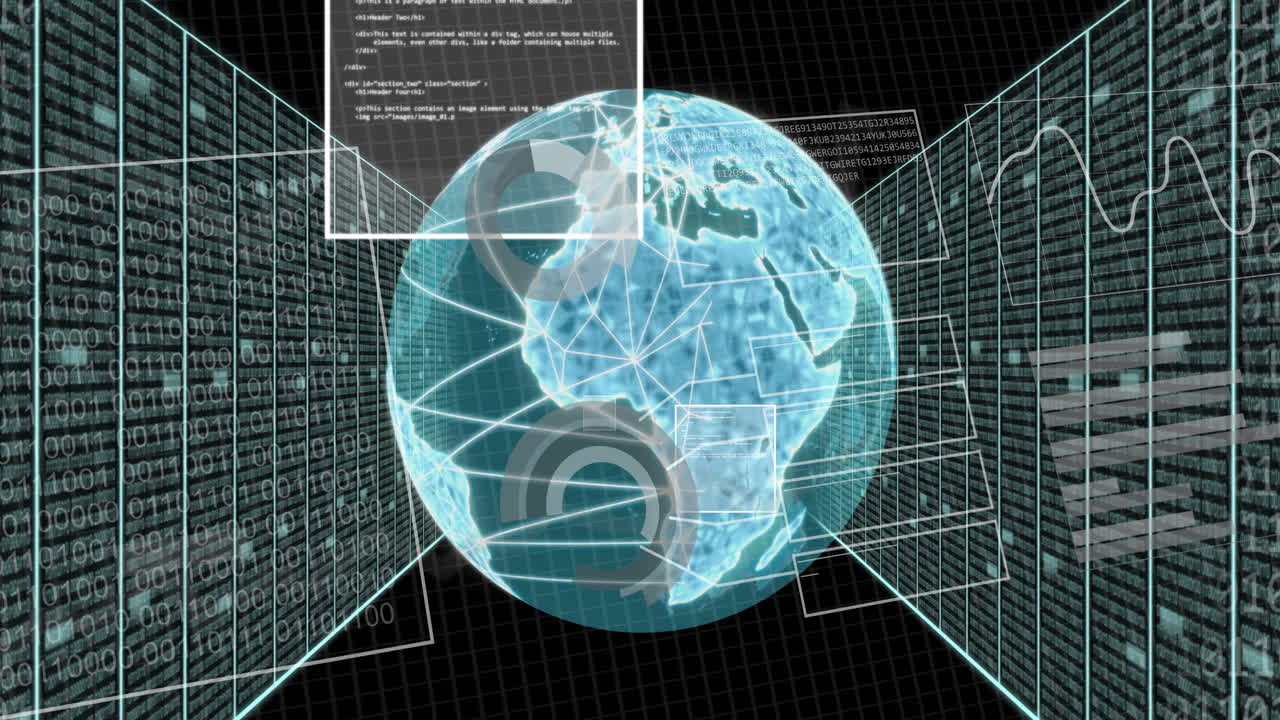 Animation of binary coding, digital data processing over globe
