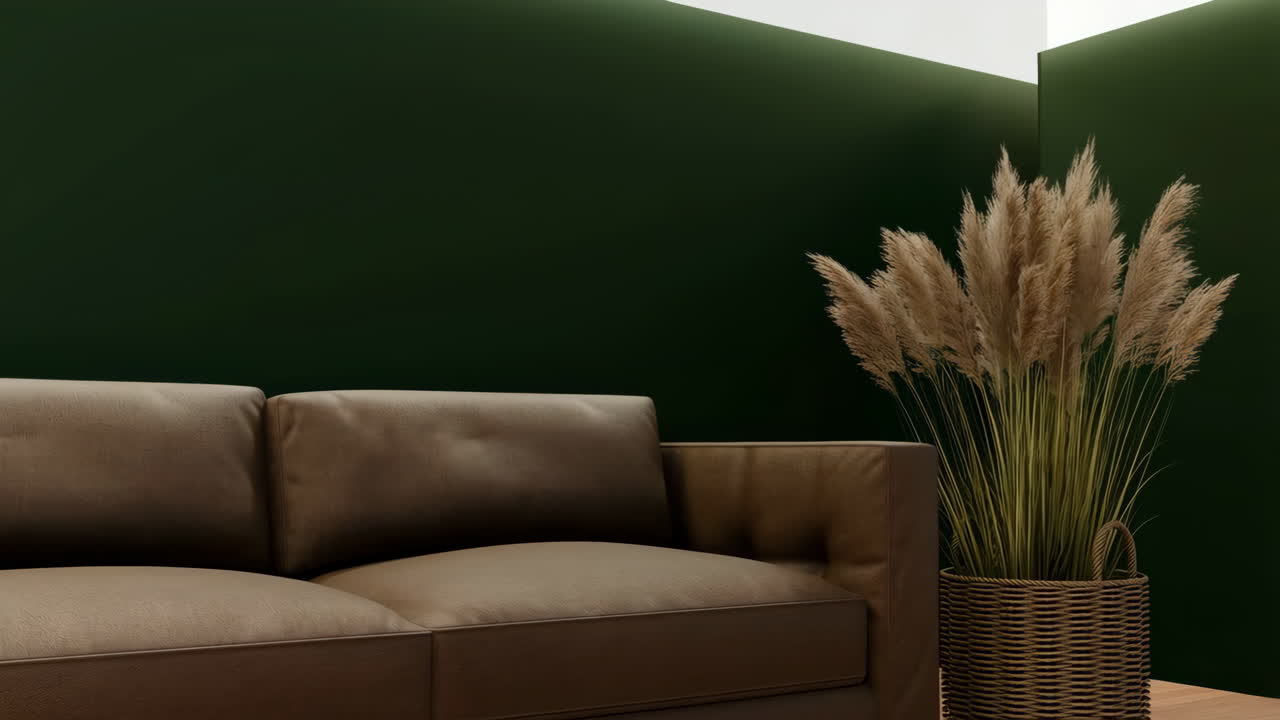 A modern living room with a brown couch, dark green wall, and pampas grass decor