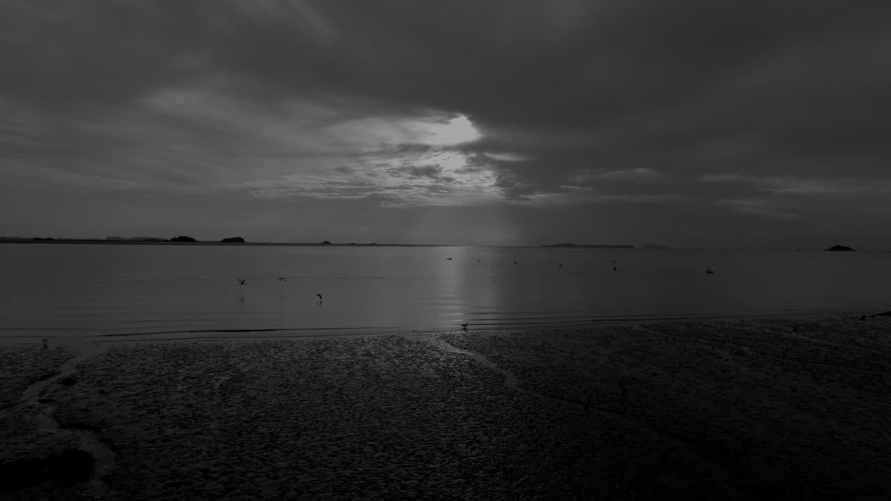 Scenery of low tide at sunset, drone shot, low flying, black and white