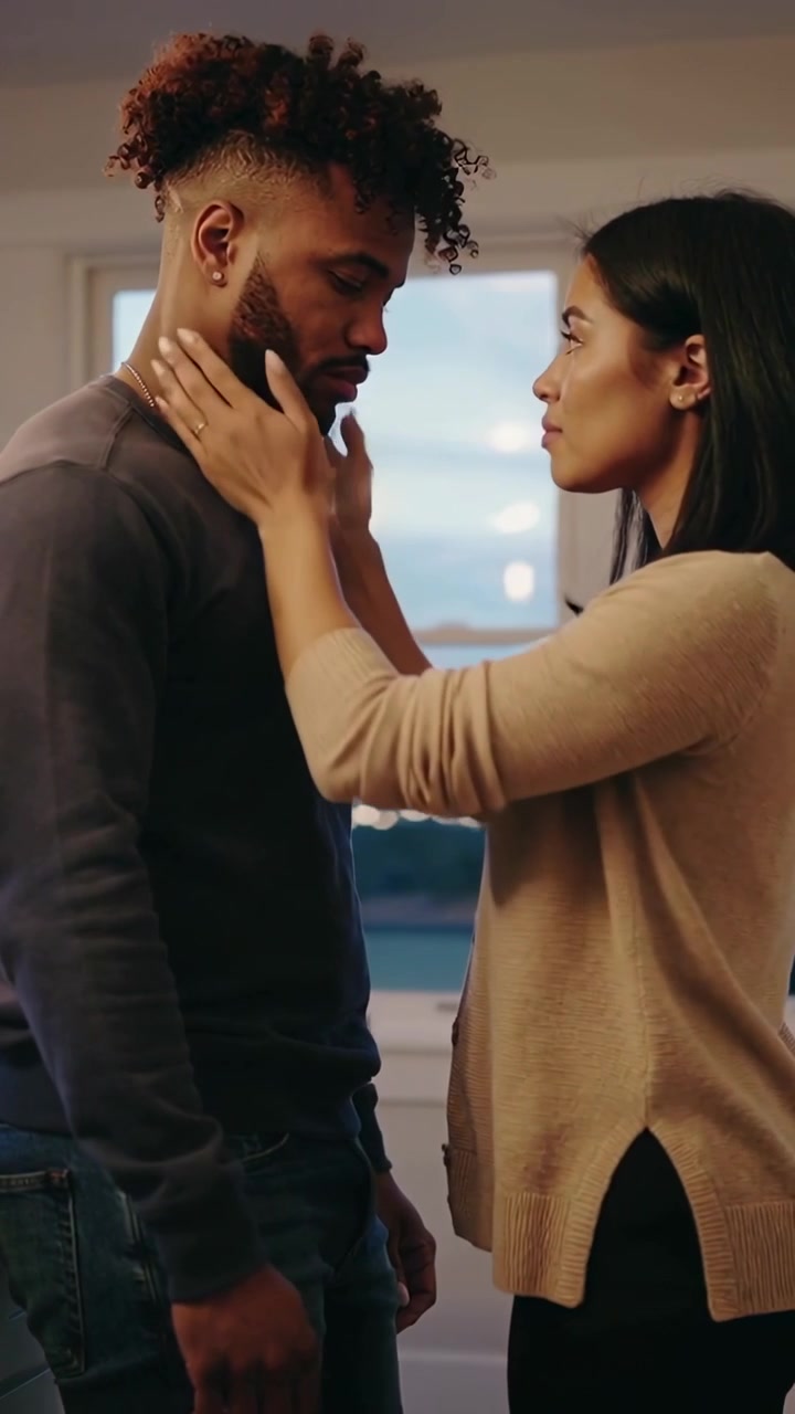 Video verticale: Donna che alza le mani per accarezzargli il viso, confortandolo vicino a una finestra al tramonto, con un maglione beige